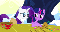 Size: 1360x736 | Tagged: safe, screencap, character:rarity, character:twilight sparkle, species:pony, episode:winter wrap up, g4, my little pony: friendship is magic, bird nest, blushing, lidded eyes, nest, out of context, tree