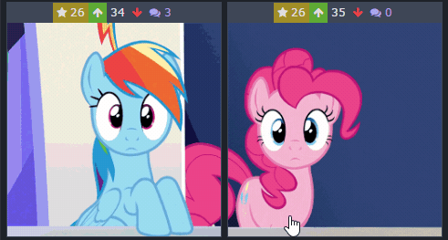 Size: 491x263 | Tagged: safe, screencap, character:pinkie pie, character:rainbow dash, species:earth pony, species:pegasus, species:pony, derpibooru, episode:28 pranks later, g4, my little pony: friendship is magic, animated, blinking, cropped, cursor, cute, female, forced juxtaposition, friendship throne, frown, gif, juxtaposition, juxtaposition win, looking at you, mare, meme, meta, open mouth, raised hoof, shocked, surprised, wide eyes
