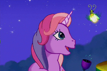 Size: 360x240 | Tagged: safe, screencap, character:lily lightly, species:pony, episode:come back lily lightly, g3, a very pony place, animated, catface, cute, duet, firefly, flower, gif, glowing horn, lily cutely, looking around, looking at each other, night, shine on, singing, song, stars