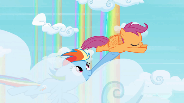 Size: 595x335 | Tagged: safe, screencap, character:rainbow dash, character:scootaloo, species:pegasus, species:pony, episode:sleepless in ponyville, g4, my little pony: friendship is magic, animated, cloud, flying, gif, rainbow waterfall, rainbows, scootalove, winsome falls