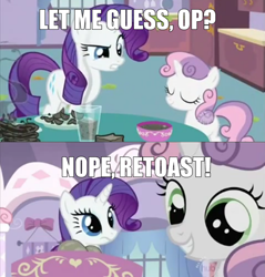 Size: 500x522 | Tagged: safe, screencap, character:rarity, character:sweetie belle, episode:sisterhooves social, g4, my little pony: friendship is magic, burnt juice, hub logo, image macro, liquid toast, pun