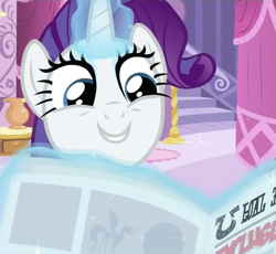 Size: 781x720 | Tagged: safe, screencap, character:rarity, episode:ponyville confidential, g4, my little pony: friendship is magic, carousel boutique, cropped, glowing horn, horn, magic, magic aura, newspaper, smiling