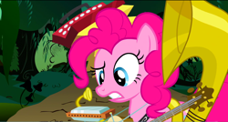Size: 1360x730 | Tagged: safe, screencap, character:pinkie pie, species:earth pony, species:pony, episode:swarm of the century, g4, my little pony: friendship is magic, accordion, banjo, female, harmonica, mare, musical instrument, one-pony band, solo, sousaphone, tuba