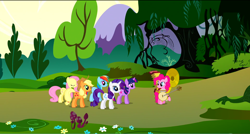 Size: 1360x730 | Tagged: safe, screencap, character:applejack, character:fluttershy, character:pinkie pie, character:rainbow dash, character:rarity, character:twilight sparkle, species:earth pony, species:pegasus, species:pony, species:unicorn, episode:swarm of the century, g4, my little pony: friendship is magic, accordion, banjo, clothing, cowboy hat, cymbals, everfree forest, female, harmonica, hat, mane six, mare, musical instrument, one-pony band, sousaphone, tambourine, tree, tuba