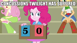 Size: 2560x1440 | Tagged: safe, screencap, character:applejack, character:fluttershy, character:pinkie pie, character:twilight sparkle, my little pony:equestria girls, bleachers, boots, clothing, concussion, cowboy boots, high heel boots, score, scoreboard, skirt, socks, totally legit recap