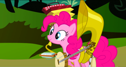 Size: 1360x730 | Tagged: safe, screencap, character:pinkie pie, species:earth pony, species:pony, episode:swarm of the century, g4, my little pony: friendship is magic, accordion, banjo, cymbals, female, harmonica, mare, musical instrument, one-pony band, smiling, solo, sousaphone, tambourine