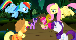 Size: 1360x730 | Tagged: safe, screencap, character:applejack, character:fluttershy, character:pinkie pie, character:rainbow dash, character:rarity, character:twilight sparkle, species:earth pony, species:pegasus, species:pony, species:unicorn, episode:swarm of the century, g4, my little pony: friendship is magic, accordion, banjo, clothing, cowboy hat, cymbals, eyes closed, female, flying, harmonica, hat, mane six, mare, musical instrument, one-pony band, smiling, sousaphone, tambourine