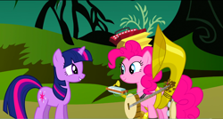 Size: 1360x730 | Tagged: safe, screencap, character:pinkie pie, character:twilight sparkle, species:earth pony, species:pony, episode:swarm of the century, g4, my little pony: friendship is magic, accordion, banjo, cymbals, duo, female, harmonica, mare, musical instrument, one-pony band, smiling, sousaphone, tambourine