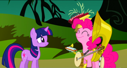 Size: 1360x730 | Tagged: safe, screencap, character:pinkie pie, character:twilight sparkle, species:earth pony, species:pony, species:unicorn, episode:swarm of the century, g4, my little pony: friendship is magic, accordion, banjo, cymbals, duo, eyes closed, female, harmonica, mare, musical instrument, one-pony band, smiling, sousaphone, tambourine