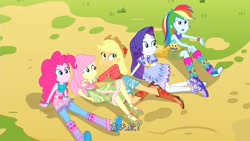 Size: 1920x1080 | Tagged: safe, screencap, character:applejack, character:fluttershy, character:pinkie pie, character:rainbow dash, character:rarity, equestria girls:legend of everfree, g4, my little pony:equestria girls, boho, boots, bracelet, camp fashion show outfit, chinese, clothing, converse, cowboy boots, dress, jewelry, rainbow dash is not amused, shoes, sneakers, tights