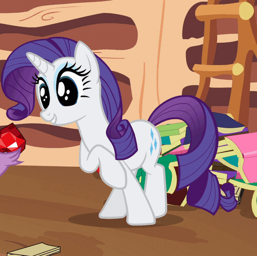 Size: 509x507 | Tagged: safe, screencap, character:rarity, character:spike, species:dragon, species:pony, species:unicorn, episode:secret of my excess, g4, my little pony: friendship is magic, animated, animation error, book, cropped, cute, dilated pupils, excited, eye shimmer, eyes on the prize, fire ruby, gif, grin, gritted teeth, happy, offscreen character, open mouth, opening credits, raised hoof, raribetes, ruby, smiling, solo focus, squee