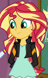 Size: 419x686 | Tagged: safe, screencap, character:sunset shimmer, equestria girls:friendship games, g4, my little pony:equestria girls, clothing, cropped, cute, jacket, leather jacket, shimmerbetes, solo