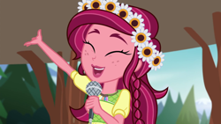 Size: 1280x720 | Tagged: safe, screencap, character:gloriosa daisy, equestria girls:legend of everfree, g4, my little pony:equestria girls, cute, daisybetes, flower, happy, magical geodes, microphone, solo
