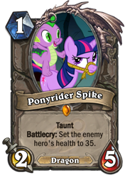 Size: 400x569 | Tagged: safe, screencap, character:spike, character:twilight sparkle, species:dragon, species:pony, episode:a dog and pony show, g4, my little pony: friendship is magic, card, dragons riding ponies, hearthstone, meta, riding, warcraft