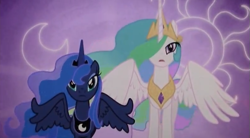 Size: 793x439 | Tagged: safe, screencap, character:princess celestia, character:princess luna, episode:the crystal empire, g4, my little pony: friendship is magic, duo, frown, hair over one eye, looking at you, moon, spread wings, sun, wings