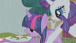 Size: 1280x720 | Tagged: safe, screencap, character:rarity, character:twilight sparkle, character:twilight sparkle (unicorn), species:pony, species:unicorn, episode:the ticket master, g4, my little pony: friendship is magic, daffodil and daisy sandwich, duo, female, food, grabbing, holding a pony, mare, open mouth, plate, rain, sandwich, table, wet, wet mane