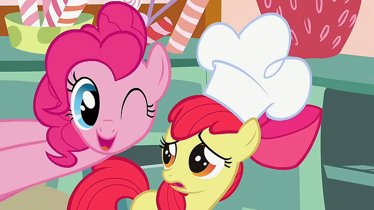 Size: 1280x720 | Tagged: safe, screencap, character:apple bloom, character:pinkie pie, species:earth pony, species:pony, episode:call of the cutie, g4, my little pony: friendship is magic, animated, blinking, bouncing, bow, chef's hat, clothing, confused, cookie, cute, diapinkes, female, filly, food, gif, hat, looking at each other, loop, mare, one eye closed, open mouth, singing, smiling, sugarcube corner, sugarcube corner (interior), talking, wink
