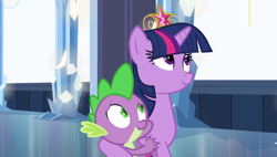 Size: 1244x705 | Tagged: safe, screencap, character:spike, character:twilight sparkle, character:twilight sparkle (alicorn), species:alicorn, species:pony, my little pony:equestria girls, crystal empire, element of magic, hug, smiling