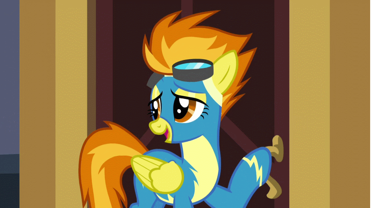 Size: 1197x671 | Tagged: safe, screencap, character:spitfire, species:pegasus, species:pony, episode:rarity investigates, g4, my little pony: friendship is magic, animated, clothing, door, gif, solo, uniform, wonderbolts uniform