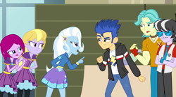 Size: 1280x714 | Tagged: safe, screencap, character:flash sentry, character:fuchsia blush, character:lavender lace, character:ringo, character:trixie, equestria girls:rainbow rocks, g4, my little pony:equestria girls, brawly beats, female, flash drive (band), ringo, trixie and the illusions