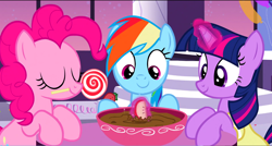 Size: 1360x730 | Tagged: safe, screencap, character:pinkie pie, character:rainbow dash, character:twilight sparkle, species:pony, episode:sweet and elite, g4, my little pony: friendship is magic, apple, birthday dress, bowl, candy, chocolate, food, lollipop, magic, mouth hold