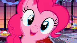 Size: 1280x720 | Tagged: safe, screencap, character:pinkie pie, species:earth pony, species:pony, episode:sweet and elite, g4, my little pony: friendship is magic, balloon, blue eyes, confetti, cupcake, cute, diapinkes, excited, eyelashes, female, food, looking at you, mare, meme origin, open mouth, present, puffy mane, smiling, solo