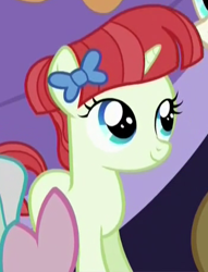Size: 350x458 | Tagged: safe, screencap, character:rainberry, species:pony, species:unicorn, episode:brotherhooves social, g4, my little pony: friendship is magic, background pony, blank flank, blue ribbon, bow, cropped, female, filly, foal, hair bow, solo focus