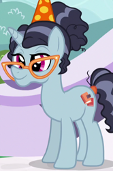 Size: 474x712 | Tagged: safe, screencap, character:booksmart, species:pony, species:unicorn, episode:amending fences, g4, my little pony: friendship is magic, background pony, clothing, cropped, glasses, hat, party hat, smiling, solo