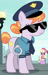 Size: 472x740 | Tagged: safe, screencap, character:copper top, character:luckette, species:pony, episode:the gift of the maud pie, g4, my little pony: friendship is magic, clothing, cuffs, hat, police officer, police pony, sunglasses