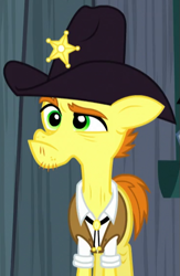 Size: 367x562 | Tagged: safe, screencap, species:pony, episode:appleoosa's most wanted, g4, my little pony: friendship is magic, clothing, cowboy hat, fetter keys, hat, senior deputy, solo, vest