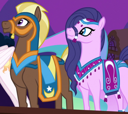 Size: 828x734 | Tagged: safe, screencap, character:amira, character:haakim, character:princess celestia, species:pony, episode:magic duel, g4, my little pony: friendship is magic, blank flank, bridle, duo, female, male, mare, saddle arabian, stallion, tack