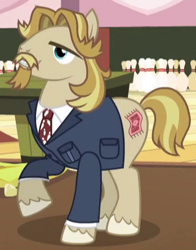 Size: 348x444 | Tagged: safe, screencap, character:jeff letrotski, species:earth pony, species:pony, episode:slice of life, g4, my little pony: friendship is magic, background pony, bowling pin, clothing, male, necktie, solo, stallion, suit, the dude