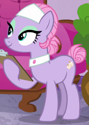Size: 380x534 | Tagged: safe, screencap, character:lavender essence, species:pony, episode:applejack's day off, clipboard, hoof hold, solo, spa pony