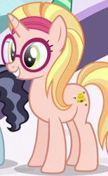 Size: 436x709 | Tagged: safe, screencap, character:booksmart, character:honey lemon, species:pony, species:unicorn, big hero 6, glasses, hairband, offscreen character, ponified, reference, smiling, solo focus