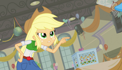 Size: 1904x1090 | Tagged: safe, screencap, character:applejack, character:pinkie pie, equestria girls:equestria girls, g4, my little pony:equestria girls, apple cider (drink), balloon, basketball net, boots, cider, high heel boots, pointing