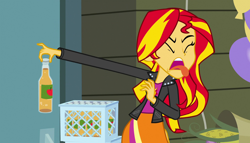Size: 1904x1090 | Tagged: safe, screencap, character:sunset shimmer, equestria girls:equestria girls, g4, my little pony:equestria girls, apple cider (drink), balloon, cider, clothing, corn, disgusted, food, jacket, leather jacket, meme, meme origin, skirt, sunset is disgusted, tongue out