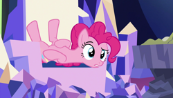 Size: 1920x1090 | Tagged: safe, screencap, character:pinkie pie, species:pony, episode:the lost treasure of griffonstone, g4, my little pony: friendship is magic, lying down, on back, solo, throne room, twilight's castle