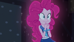Size: 1920x1090 | Tagged: safe, screencap, character:pinkie pie, equestria girls:friendship games, g4, my little pony:equestria girls, bracelet, glowing hair, jewelry, necktie, smiling, solo, sparkles