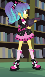 Size: 424x718 | Tagged: safe, screencap, episode:photo finished, g4, my little pony:equestria girls, book, clothing, cropped, hair dryer, pigtails, pixel pizazz, shoes, skirt, socks, solo, twintails