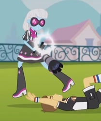 Size: 379x454 | Tagged: safe, screencap, character:photo finish, episode:photo finished, g4, my little pony:equestria girls, american football, boots, camera, clothing, cropped, fence, glasses, high heel boots, skirt, soccer field, socks, sunglasses, teddy t. touchdown