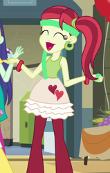 Size: 572x898 | Tagged: safe, screencap, character:blueberry cake, my little pony:equestria girls, balloon, blueberry cake, bracelet, corn, cropped, cupcake, ear piercing, earring, food, grapes, hallway, heart, jewelry, lockers, piercing, rose heart, solo, table