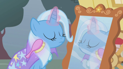 Size: 1280x720 | Tagged: safe, screencap, character:trixie, species:pony, species:unicorn, episode:boast busters, g4, my little pony: friendship is magic, brushie, brushing, conceited, female, mare, mirror, solo