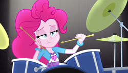 Size: 1904x1090 | Tagged: safe, screencap, character:pinkie pie, equestria girls:rainbow rocks, g4, my little pony:equestria girls, awesome as i want to be, bored, bracelet, cymbals, drum kit, drums, drumsticks, hi-hat, jewelry, musical instrument, solo