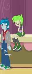 Size: 220x504 | Tagged: safe, screencap, character:cherry crash, equestria girls:rainbow rocks, g4, my little pony:equestria girls, background human, boots, cherry crash, clothing, ear piercing, earring, fingerless gloves, gloves, high heel boots, jacket, jewelry, necktie, piercing, ripped pants, shoes, sneakers, thunderbass