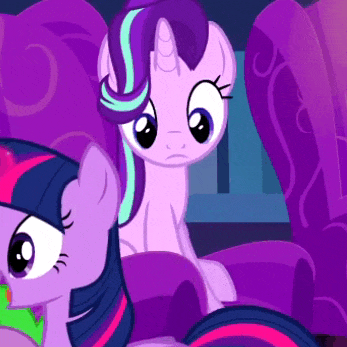 Size: 347x347 | Tagged: safe, screencap, character:spike, character:starlight glimmer, character:twilight sparkle, character:twilight sparkle (alicorn), species:alicorn, species:dragon, species:pony, species:unicorn, episode:a hearth's warming tail, g4, my little pony: friendship is magic, animated, armchair, blinking, chair, cropped, eyes on the prize, female, frown, gif, mare, sitting, solo focus, walking, watching