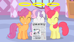 Size: 1280x720 | Tagged: safe, screencap, character:apple bloom, character:scootaloo, character:sweetie belle, species:pegasus, species:pony, episode:stare master, g4, my little pony: friendship is magic, bad idea, cutie mark crusaders, fake news, foal free press, gabby gums, imminent spanking, newspaper, these sweet little angels, this will end in tears and/or death and/or covered in tree sap