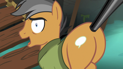 Size: 1280x720 | Tagged: safe, screencap, character:quibble pants, species:earth pony, species:pony, episode:stranger than fanfiction, cute, cutie mark, flank, out of context, plot, plot shot, quibble butts, quibblebetes, solo, tail pull