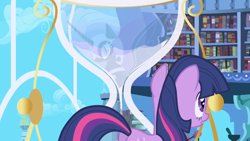Size: 1280x720 | Tagged: safe, screencap, character:nightmare moon, character:princess luna, character:twilight sparkle, species:alicorn, species:pony, species:unicorn, episode:friendship is magic, g4, my little pony: friendship is magic, book, bookshelf, female, foreshadowing, helmet, hourglass, library, mare, mare in the moon, moon, old, slowpoke, twilight's canterlot home, when you see it