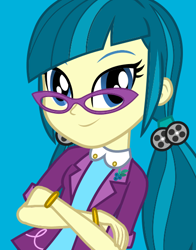 Size: 434x554 | Tagged: safe, official, screencap, character:juniper montage, equestria girls:movie magic, g4, my little pony:equestria girls, baubles, blue background, bracelet, clothing, crossed arms, female, glasses, hair tie, jewelry, lapel pin, looking at you, pigtails, shirt, simple background, smiling, solo, twintails