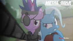 Size: 1280x720 | Tagged: safe, artist:brutalweather studio, screencap, character:trixie, character:twilight sparkle, species:pony, species:unicorn, amputee, bandana, big boss, eyepatch, female, future twilight, horn, mare, metal gear, metal gear solid, naked snake, prosthetic limb, prosthetics, revolver ocelot, selfie, smiling, sneaking suit, solid sparkle, the phantom pain, venom snake, video at source, youtube link